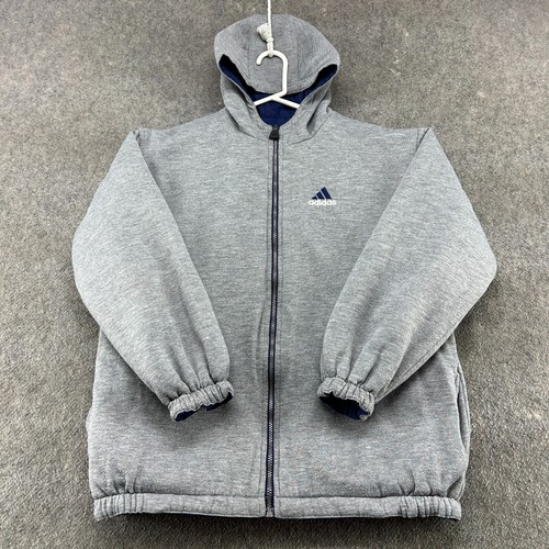 VINTAGE Adidas Jacket Youth Boys XL Blue Gray Hooded Stripe Track Reversible 90s - Picture 2 of 23