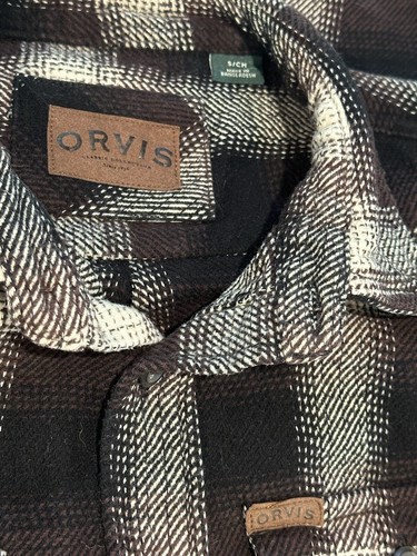 Orvis Men Small Women’s Medium Heavy Cotton Twill Flannel Shirt Jacket Brown/Blk - Picture 5 of 13