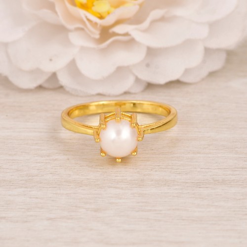 Pearl Gemstone Yellow Gold Plated Ring Jewelry For Wedding & Engagement Gift - Picture 7 of 13