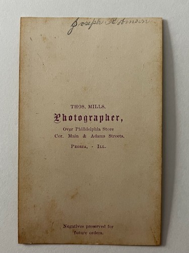 Peoria Illinois CDV Photo Joseph Robinson Young Man ID'd Mills Antique 1860's D3 - Picture 3 of 4