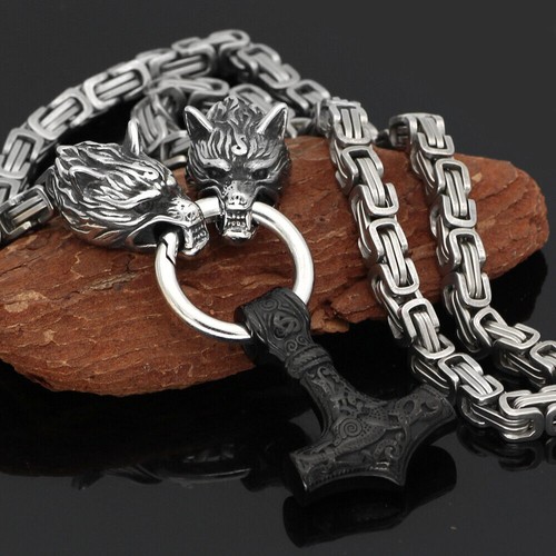 Men’s Stainless Steel Wolf Chain&Viking Thor Hammer Mjolnir Pendant Necklace - Picture 14 of 37