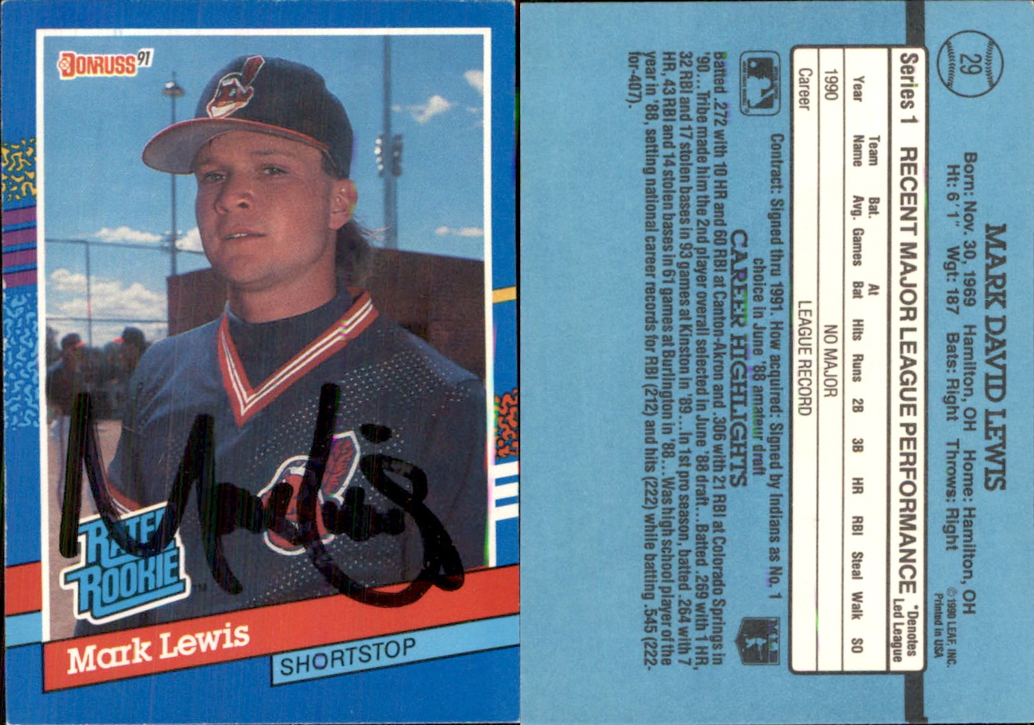 Mark Lewis Signed 1991 Donruss #29 Card Cleveland Indians Auto AU