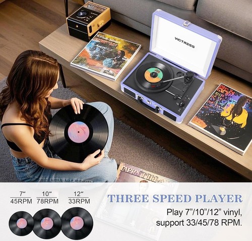 Vinyl Record Player, Portable Suitcase Record Player with PC Recording Purple - Picture 3 of 8