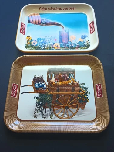 LOT OF 2 VTG 1960s COCA-COLA METAL SERVING TRAYS "Coke Refreshes you Best" CART