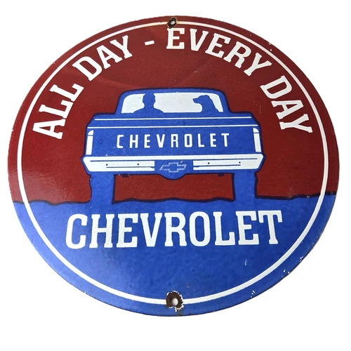 Vintage Chevrolet Porcelain Sign - Service Gas Pump Chevy All Day Man / Dog Sign