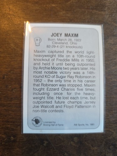 Tarjeta de boxeo All World 1991 (#28 Joey Maxim) - Imagen 2 de 2