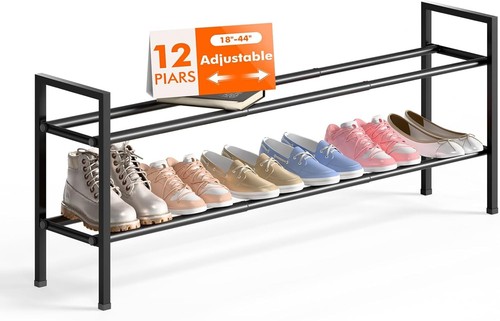 Bumusty 2-Tier Long Expandable Shoe Rack for Closet, 18"-44" 2-Tier, Black