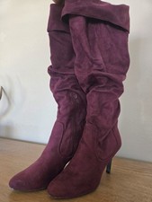 Women's Burgundy Faux Suede Knee High Slouch Boots Zip Rounded Toe