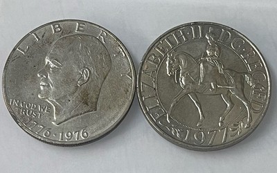 1977 UK 25 Pence Elizabeth II CROWN & 1776-1976 Eisenhower UNC IKE $1 TWO COINS