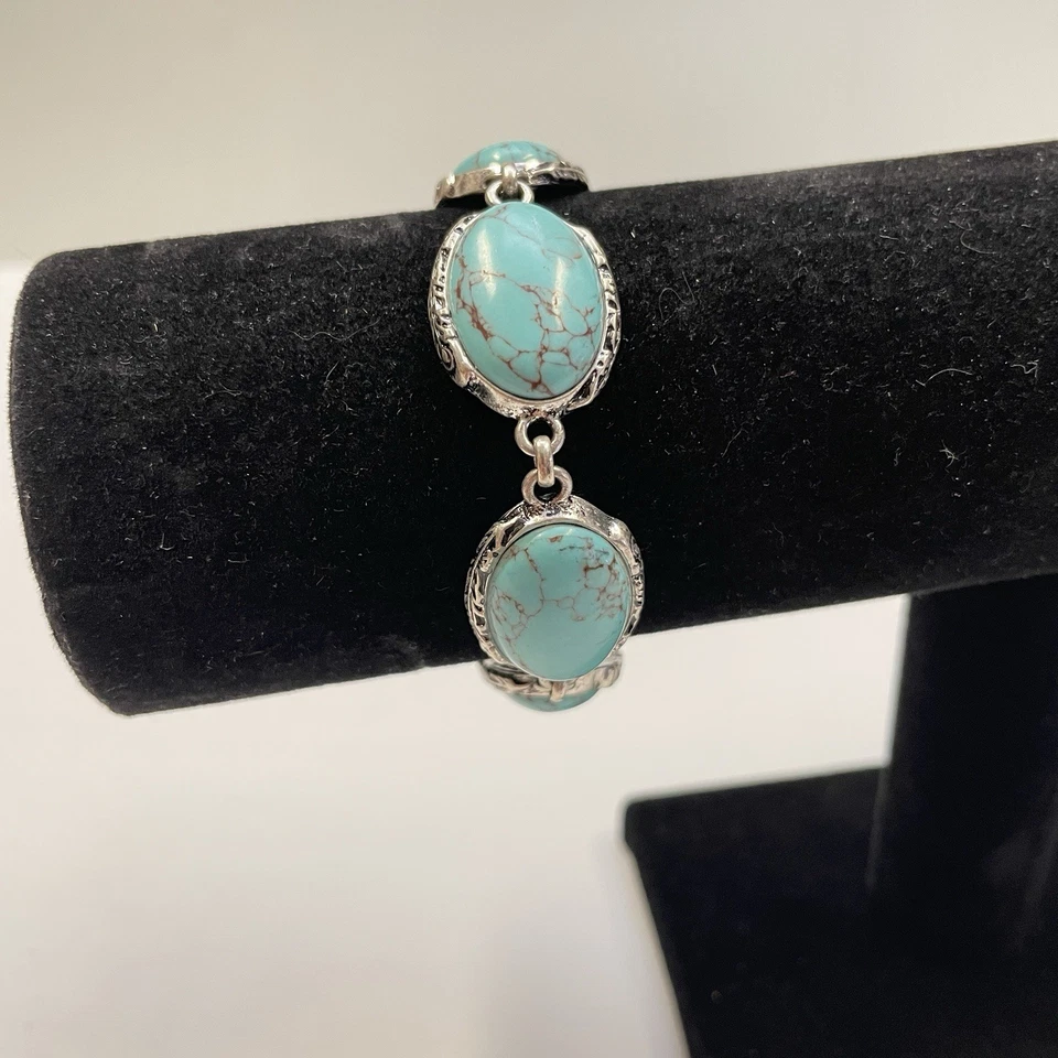 Pulsera de cadena vintage Lucky Brand imitación resina turquesa tono plata eslabón palanca Foto 2 de 4