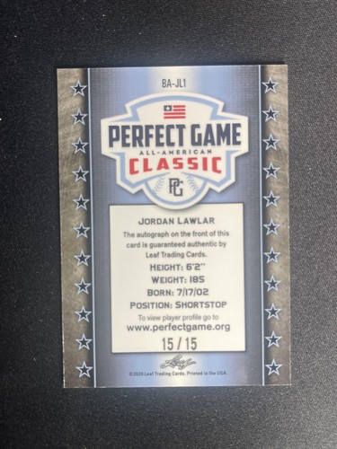 2020 Leaf Metal Perfect #BA-JL1 Jordan Lawlar Metal Auto Black Rainbow #/15 - Bild 2 von 2