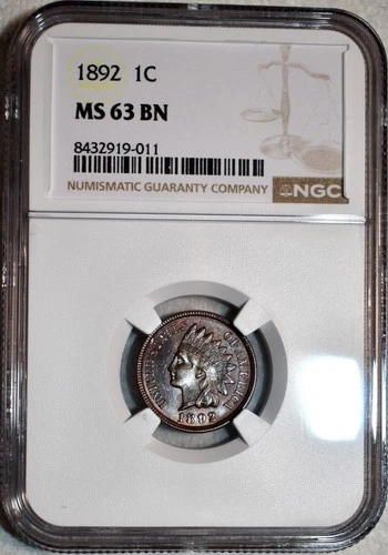 NGC MS-63 BN 1892 Indian Head Cent, Attractively Toned specimen.