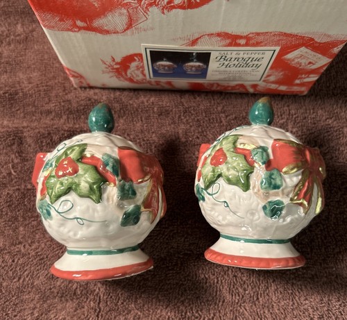 Christmas Salt & Pepper Shakers Fitz & Floyd Baroque Holiday Pattern EUC VTG - Picture 5 of 7