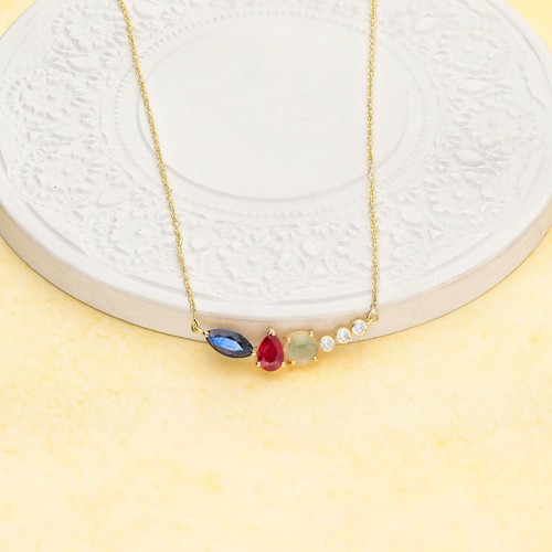 14K Gold  VS/F-G Diamond Ruby Opal Blue Sapphire Cluster Pendant Necklace Gift - Picture 3 of 7