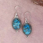 925 Sterling Silver Blue Copper Turquoise Dangle Oval Shape Earrings For Women