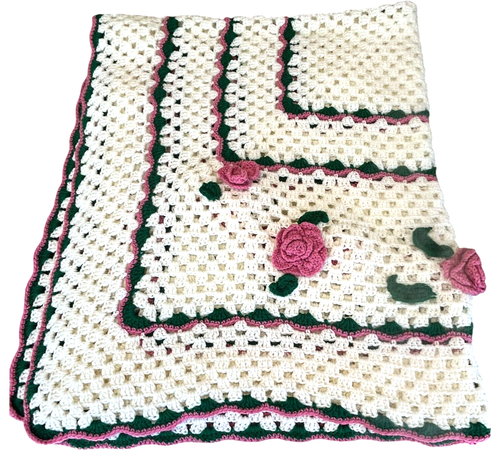 Coperta vintage fatta a mano all'uncinetto 3D rosa rosa afgano Cottagecore 52 x 62 - Foto 1 di 8