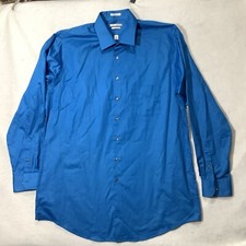 Van Heusen Shirt Mens 17 Tall Solid Blue Lux Sateen Long Sleeve Button Up