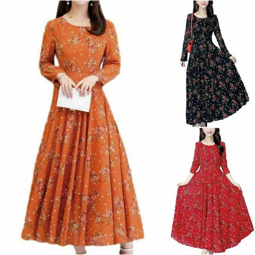 Women Party Floral Print Maxi Dress Evening Long Sleeve Long Casual Swing Dress