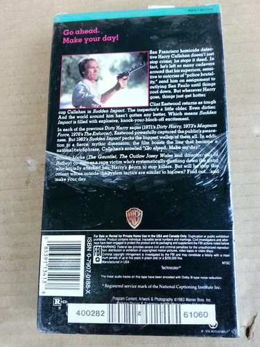 CLINT EASTWOOD: Sudden Impact (1990) VHS Tape - BRAND NEW-SEALED - Picture 2 of 3