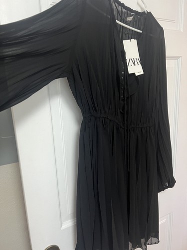 Zara Evening Dress Chiffon Black Sheer Long Sleeve V-Neck Flowy Pleated Sz M NEW - Picture 2 of 8