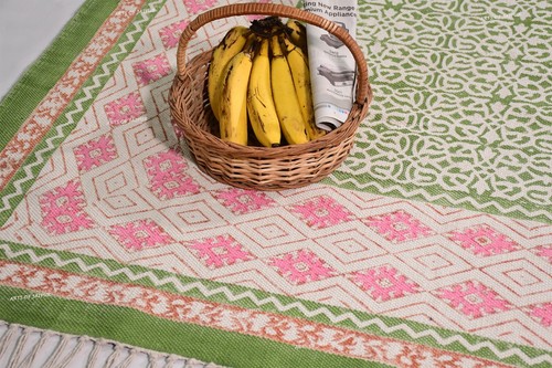 Tappeto in cotone stampato a blocchi a mano, tappeto verde rosa Dhurrie, tappeto decorativo per la casa - Foto 9 di 10