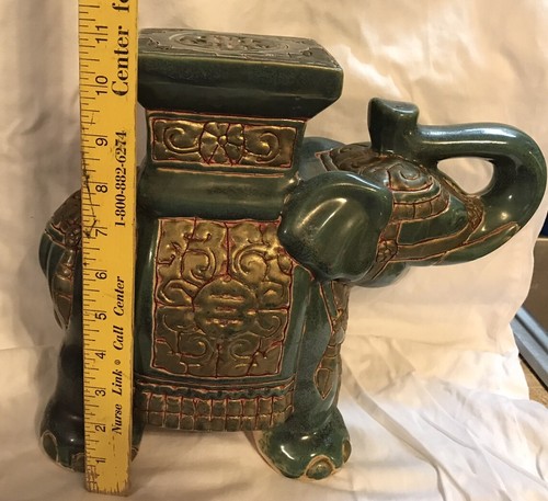 ASIAN CERAMIC GLAZED GREEN GOLD ELEPHANT GARDEN STATUE PLANT STAND STOOL VTG - Bild 5 von 9