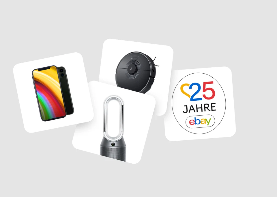 Ein Smartphone, ein Staubsaugerroboter, ein Luftreiniger und das Jubiläumslogo zum fünfundzwanzigsten Geburtstag von eBay