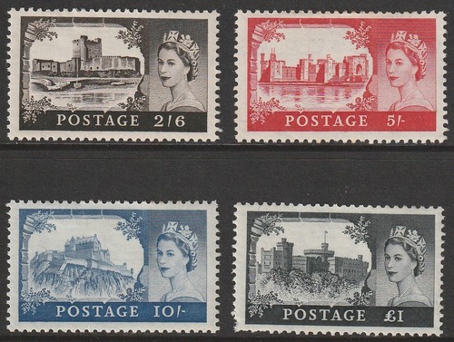 1959/68 DE LA RUE SG595/598 CASTLES H/VALUES SET OF 4 MINT - PERF FAULT ON £1 - Bild 1 von 2