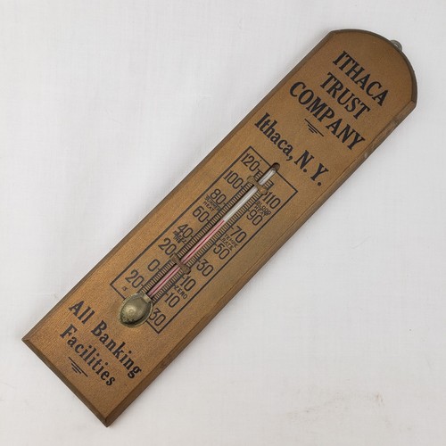 Rare Antique Wooden Advertising Thermometer Sign Ithaca NY Trust Company Banking - Picture 2 of 8