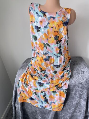 Denim & Co. Summer Dress 1X Midi Beach Linen Blend Knit Pockets Floral Teal Gold - Picture 4 of 10