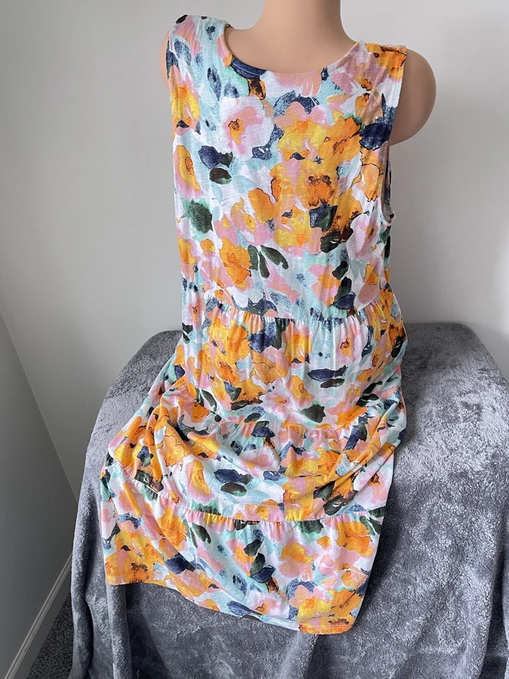 Vestido de Verano Denim & Co 1X Midi Playa Mezcla de Lino Tejido Bolsillos Floral En Niveles Foto 4 de 4