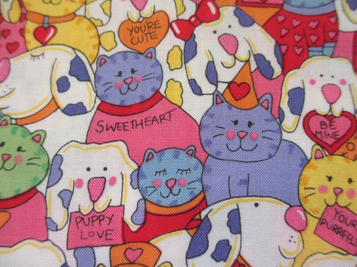 Kaufman OOP Fabric Happy Dogs Cats with Hearts Cotton Remnant 30" by 44" - Picture 2 of 4