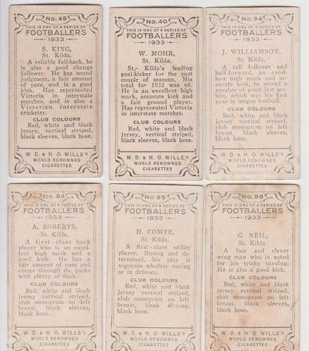 Tarjetas de cigarrillo St Kilda Football Club 1933 grupo de 6 W D & H O Wills, populares - Imagen 2 de 2