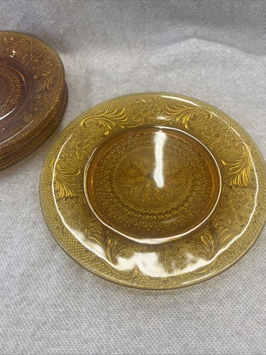4 Amber Glass Tiara Glass Depression Glass luncheon salad plate 8 1/4"~ Set Of 4