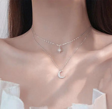 Fashion Silvery Double-Layer Moon  Star Shiny Pendant Necklace Women Gift