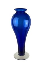 Blenko Art Glass Cobalt Blue 16" Tall Trumpet Floor Vase Clear Disc Base