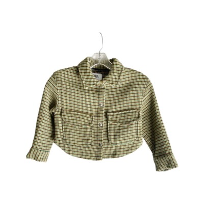 Zara Kids 6-7 Green Plaid Tweed Button Snap Jacket pea green