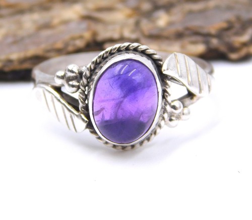 2.9Gm 925 Plata Maciza de Ley Amatista Natural Colgante Piedra Anillo 6.75US - Imagen 4 de 5