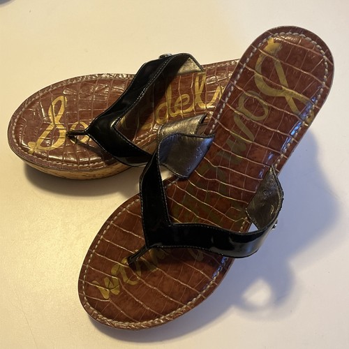 Sam Edelman Size 8M "Romy" Black Patent Leather Thong Cork Platform Sandals - Picture 2 of 18