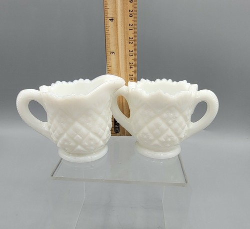 WESTMORELAND White Milk Glass OLD QUILT Sugar and Creamer Set Etched Miniature - Picture 6 of 6