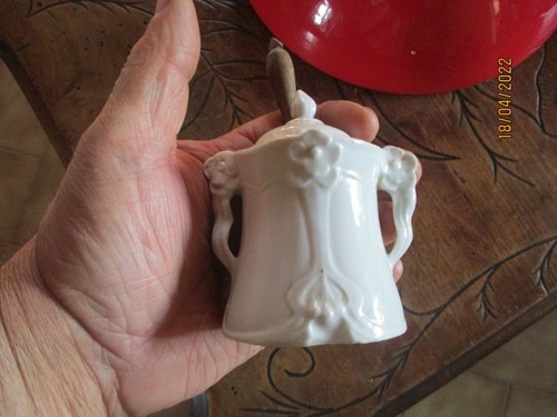 Ancien Petit Pot a Moutarde Moutardier et sa Cuillère Bois Barbotine aux Roses - Bild 2 von 5