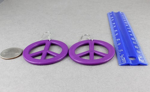 Purple Peace Sign earrings dangle lightweight plastic pendant 2.75" long hippie - Picture 7 of 8