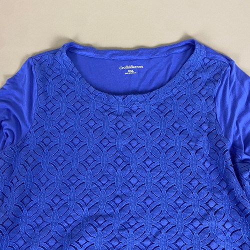 Croft & Barrow Lace Blouse Top XXL Blue Geometric 3/4 Sleeve Casual Cotton Blend - Picture 2 of 11