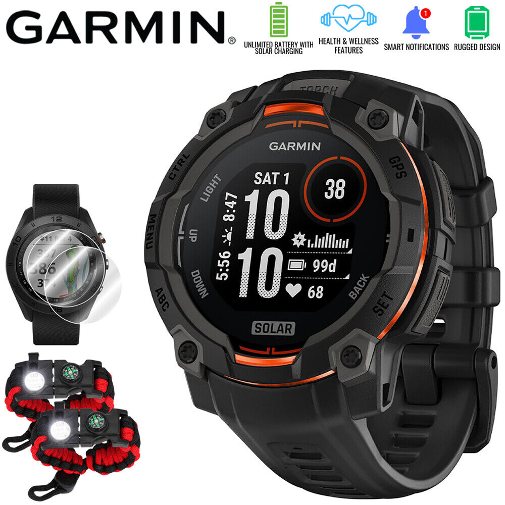 Умные GPS-часы Garmin Instinct 3 45 мм, на СОЛНЕЧНЫХ батареях, Черные + Комплект аксессуаров