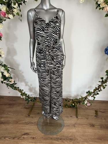 Wide Leg Jumpsuit By Influence Size 8 Satin Belted Black White Zebra Print MK76 - Picture 6 of 21