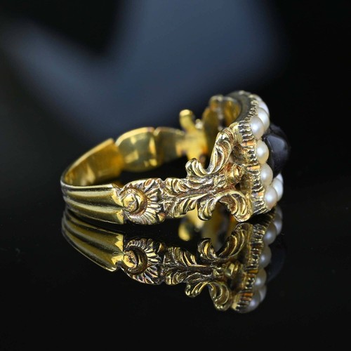 Antique Georgian 14K Gold Plated Silver Pearl Cluster Garnet Created 2.CT Ring - Picture 8 of 10