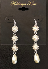 Rhinestone Faux Pearl Flower Earrings Silver Plated 2.5" 5118