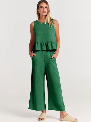 Sommer Damen ärmellos Plissee Weste weites Bein neun Punkte Hose Freizeit Set - Bild 8 von 20