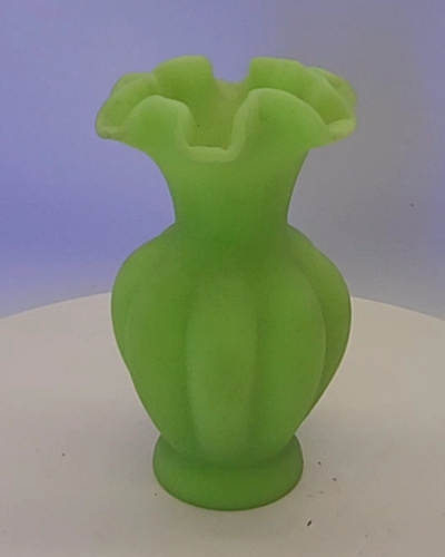 Vintage Fenton Green Custard Glass Melon Vase Ruffled Rim Vaseline Glass Glows - Video 1 of 1