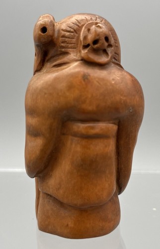 Antigua figura japonesa de hombre del período Netsuke Meiji firma ilegible madera - Imagen 5 de 12